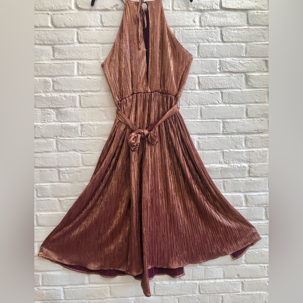 EVA MENENDEZ Metallic Bronze halter top midi Dress Sleeveless Spaghetti straps - Picture 10 of 16